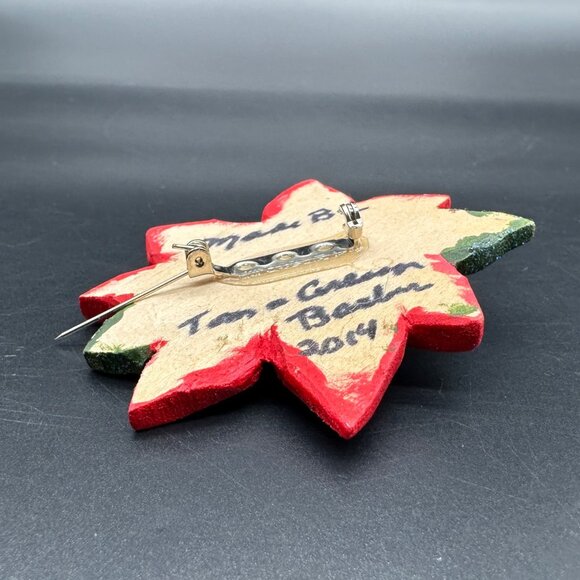 Christmas Brooch Pin Handcrafted Wooden Poinsettia Red Flower Holiday Jewelry - Picture 5 of 8